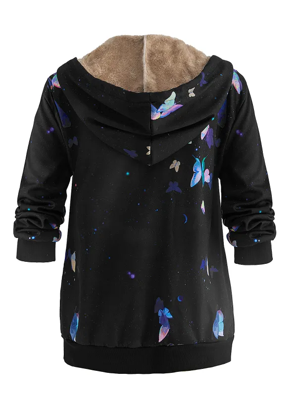 Black Pocket Butterfly Print Long Sleeve Hooded Coat