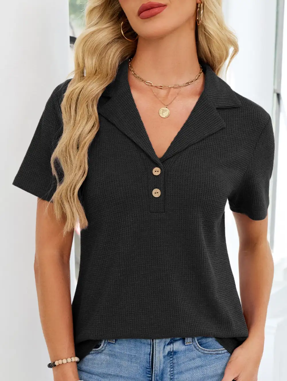 Lapel Waffle Knit Short Sleeve Top