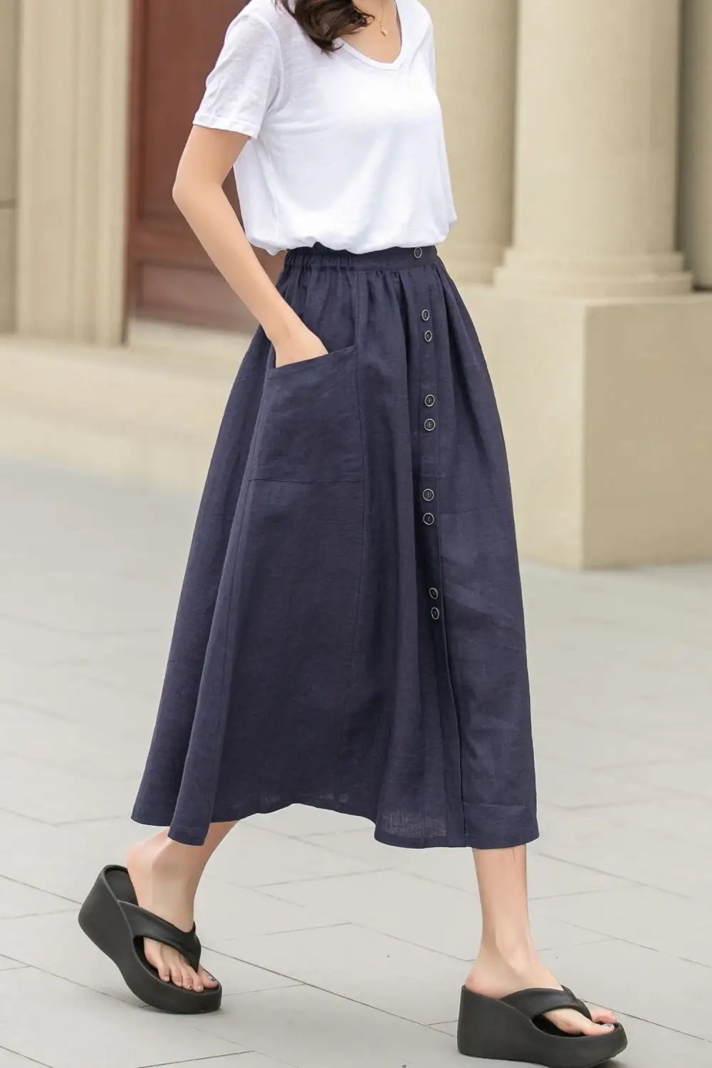 Checkered Linen Cotton Elastic Waist Midi Skirt