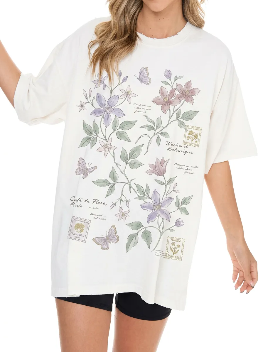 Women's Botanical Butterfly Paris Floral Printed T-shirt