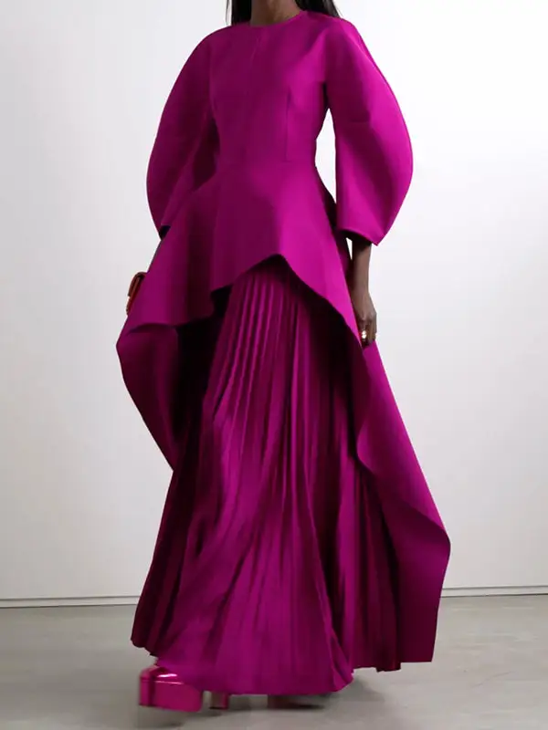 Tiered Pleated Long Neck Maxi Dress