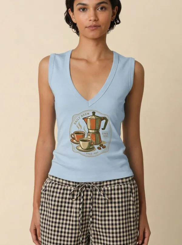 Women's Coffee Lover Daily Brew Moka Pot Printed Tank Top