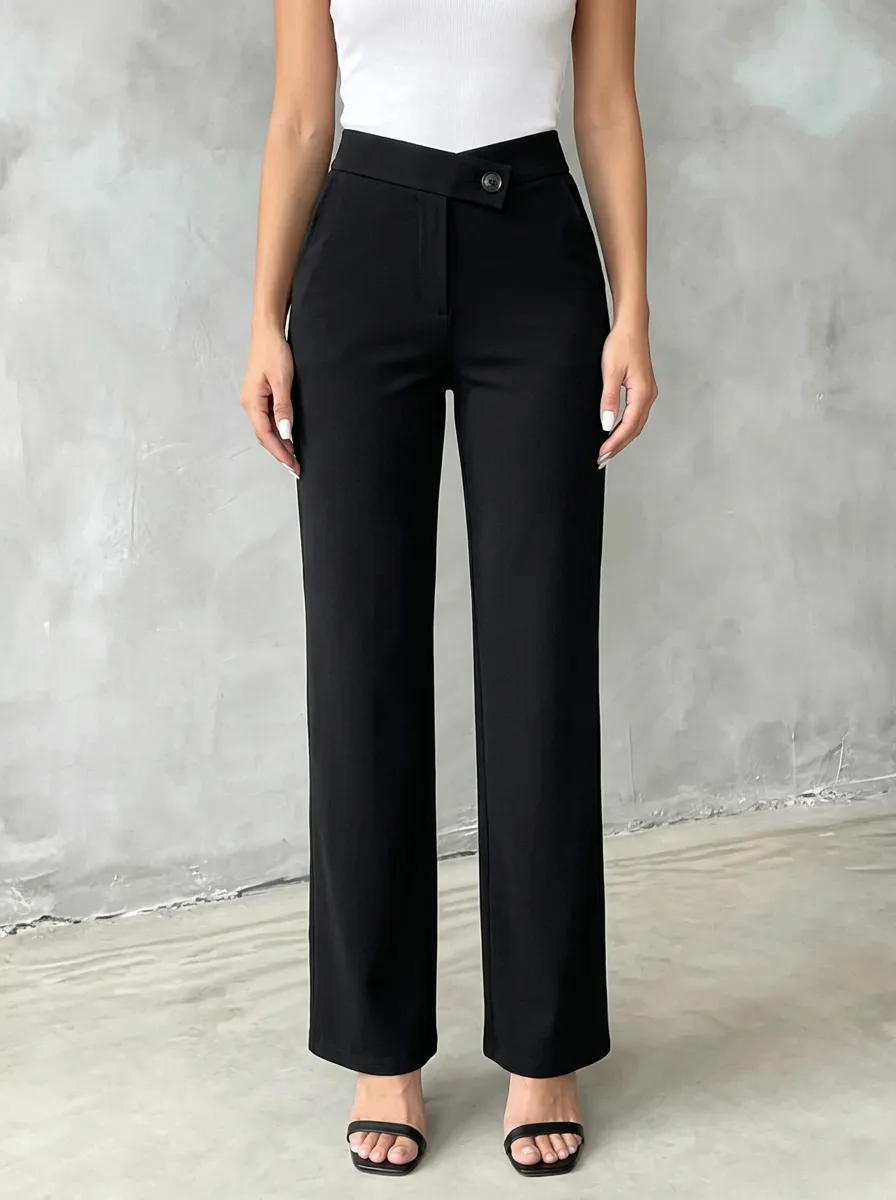 Women's Classic Flexible Asymmetric Waist Mid Rise Straight Leg Pants