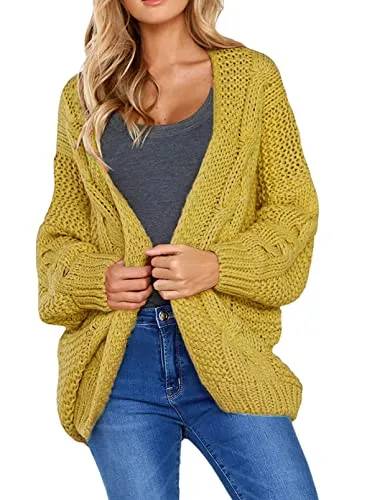 Womens Open Front Long Sleeve Chunky Knit Cardigan Sweaters Loose Outwear Coat