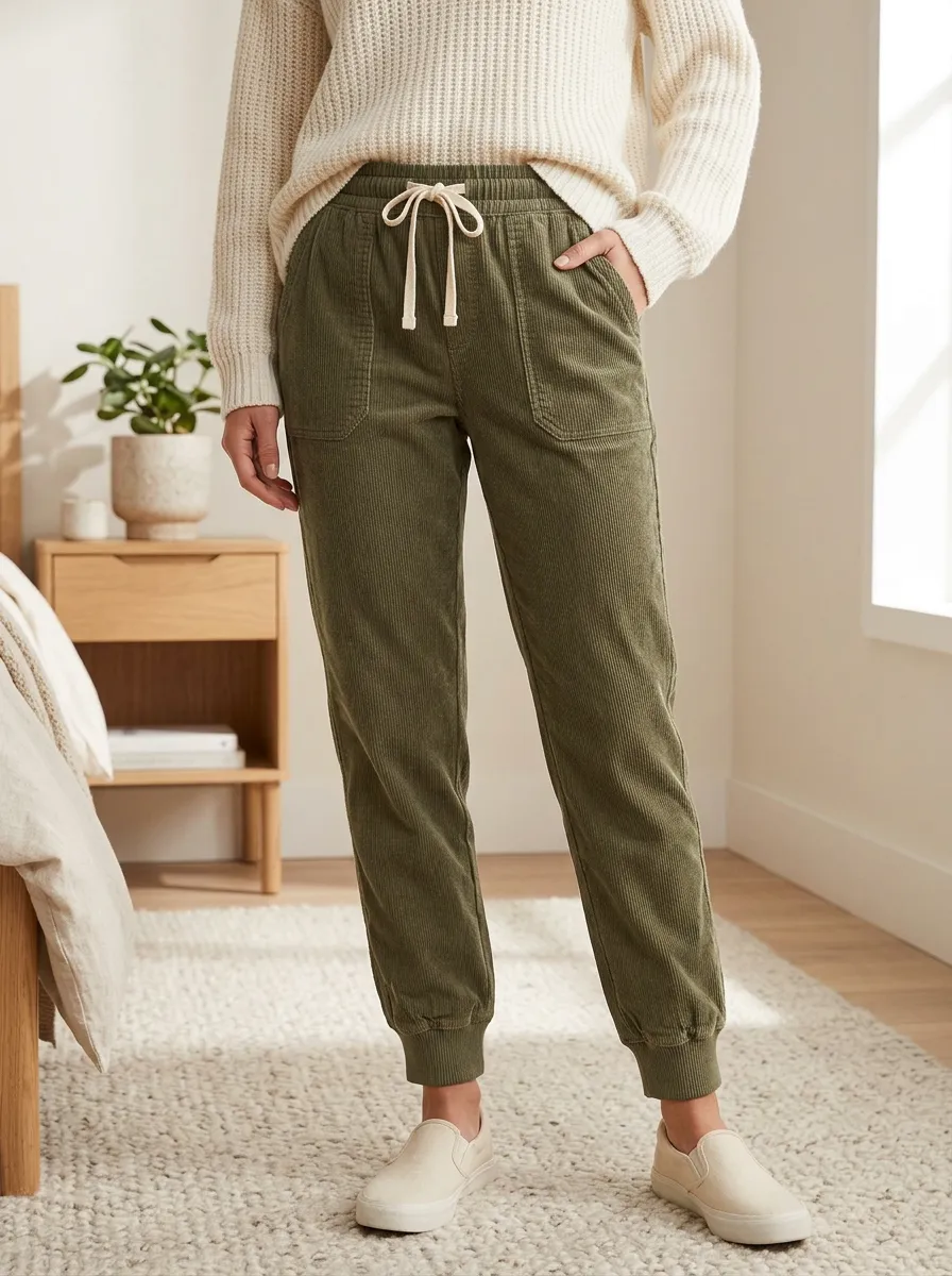 Women's Drawstring Tapered Mid-Rise Corduroy Jogger Pants