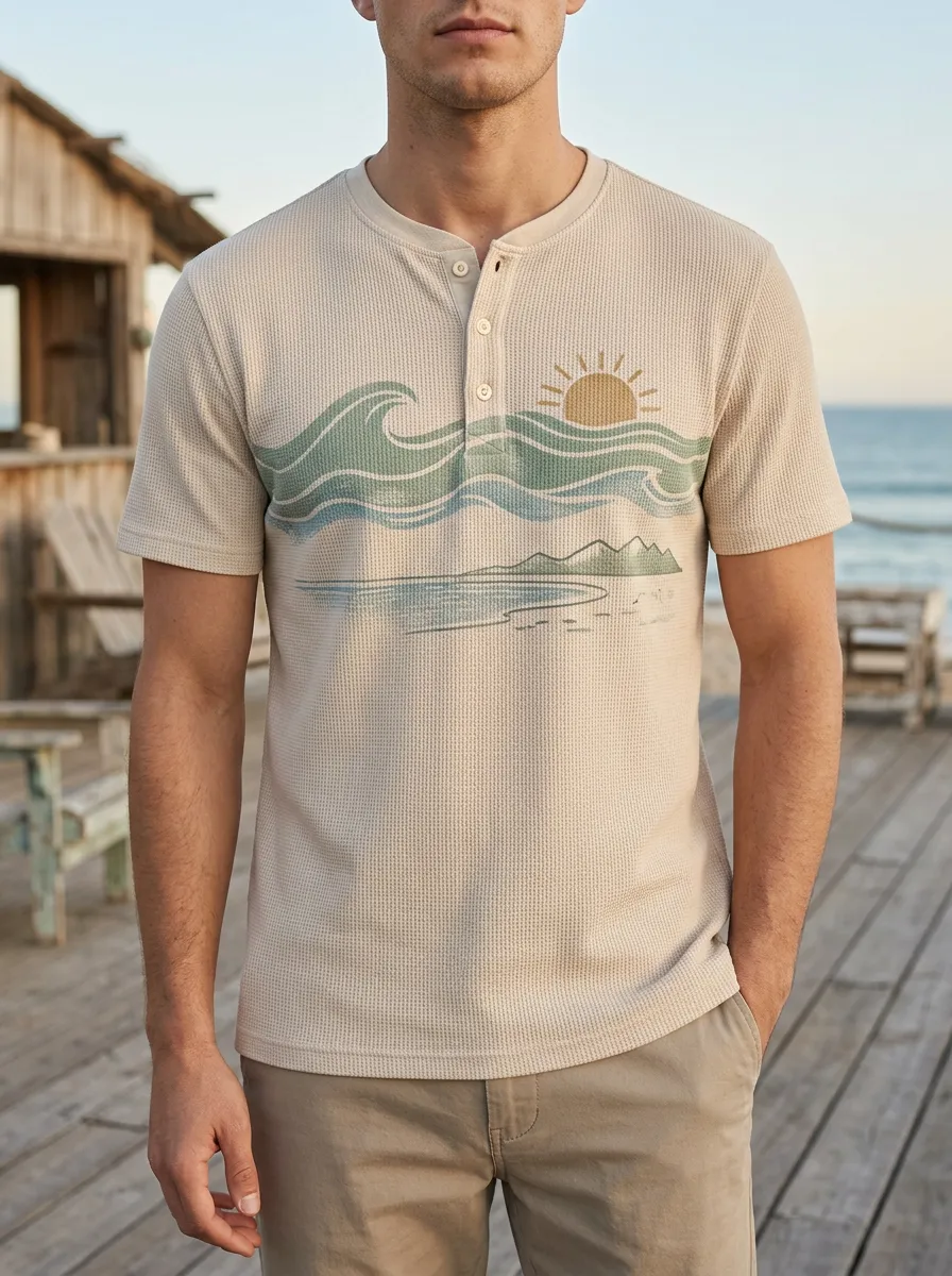 Men's Artful Beach Lover Ocean Wave Sun Henley T-Shirt
