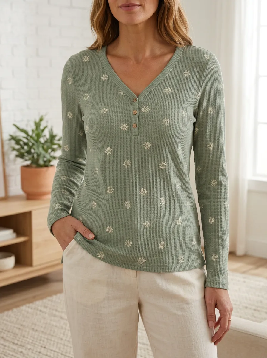 Women's Folk Floral Pattern Waffle Knit Printed Button V-Neck T-Shirt
