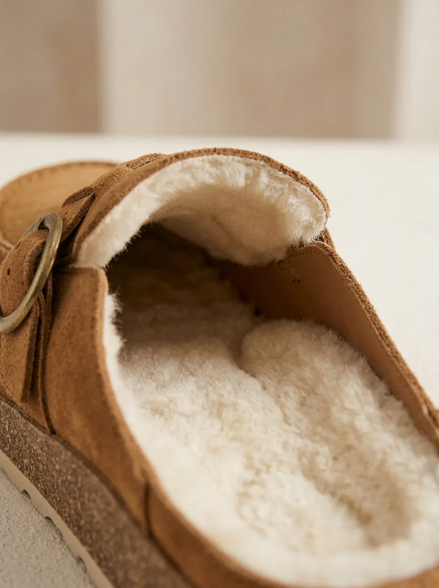 Women's Rugged Faux Fur Lined Buckle Detail Clog Style Casual Suede Wood Sole Loafers