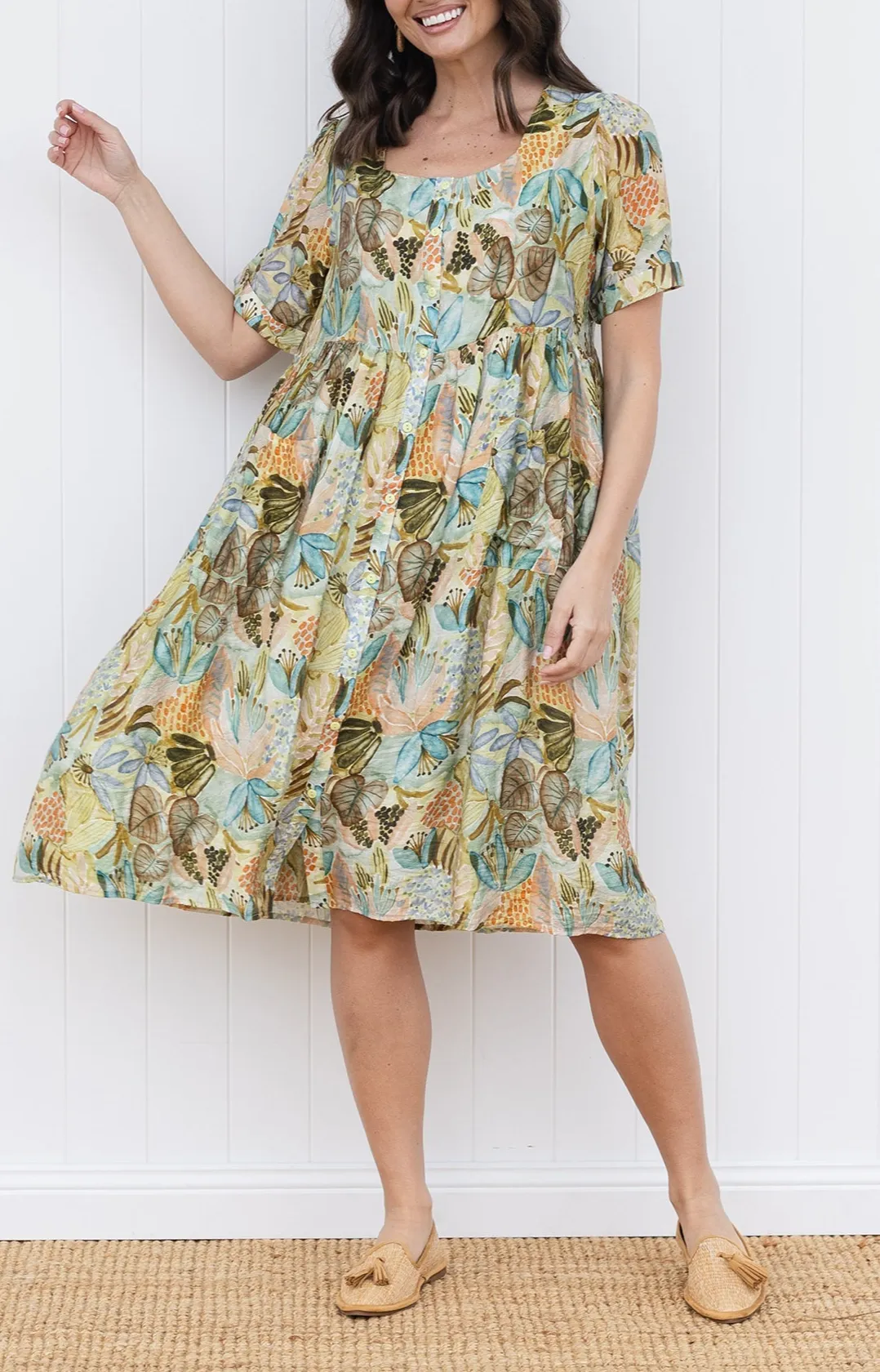 Below-Knee Abstract Cotton Button-Front Gathered Pocket Round-Neck Dress