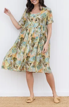 Below-Knee Abstract Cotton Button-Front Gathered Pocket Round-Neck Dress