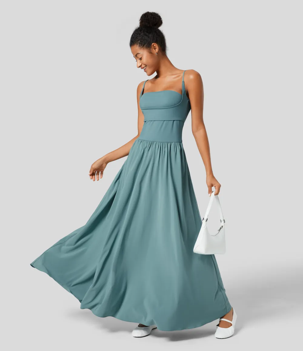 Breezeful Backless Side Pocket Plicated Flowy Flare Maxi Quick Dry Casual Slip Dress