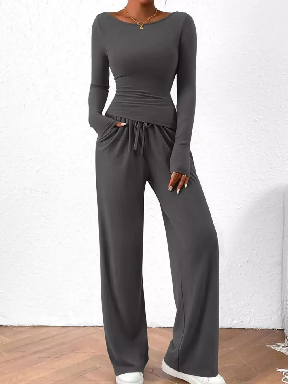 Relaxed Long Sleeve Top and Wide Leg Pants Set