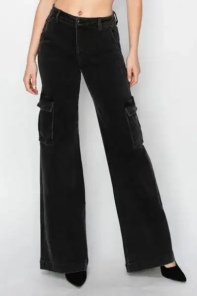 High Rise Wide Leg Cargo Pocket Pocketed Denim Jeans