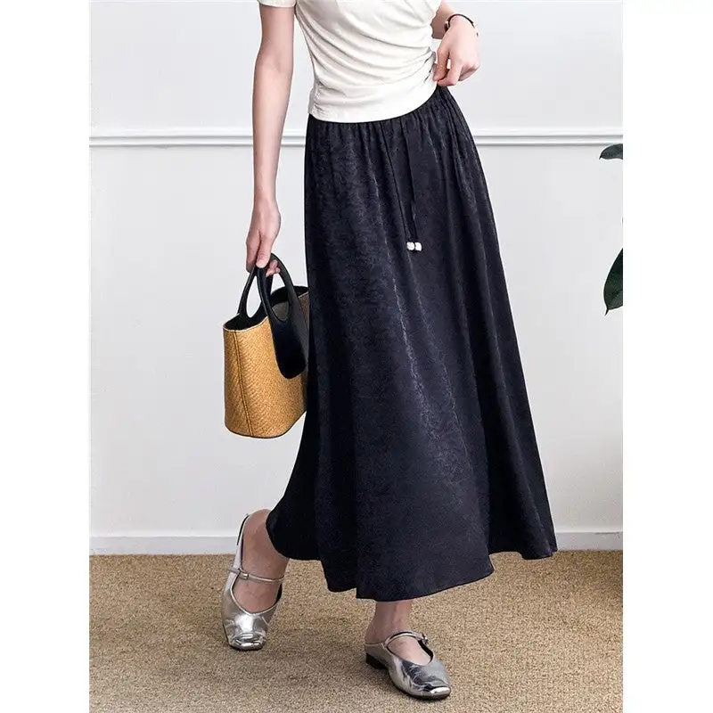 Streamlined Elastic Waist A-Line Jacquard Midi Skirt