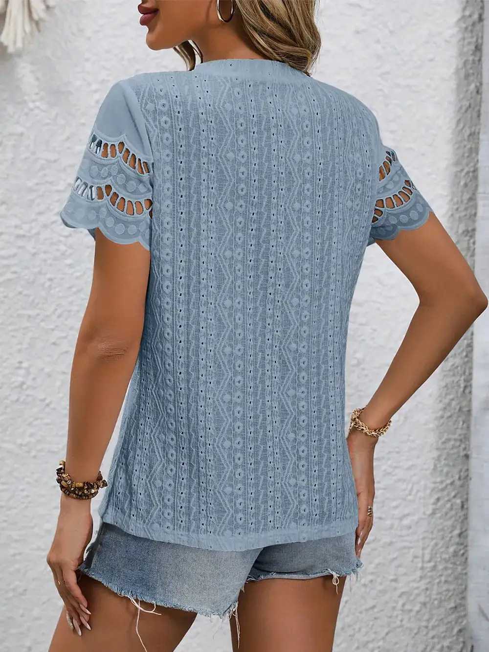 Eyelet Round Neck Short Sleeve Top
