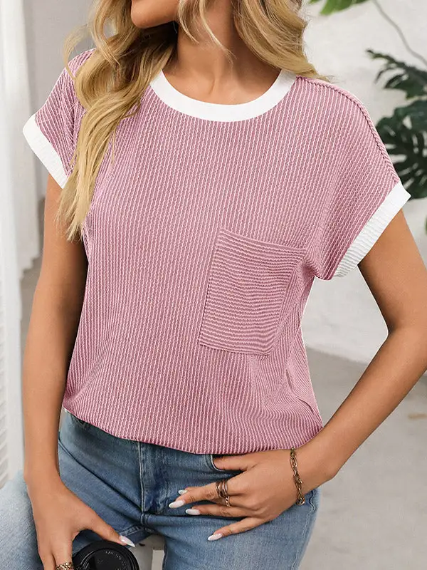 Relaxed Short Sleeve Colorful Contrast Pocket Detail Round Neck T-Shirt