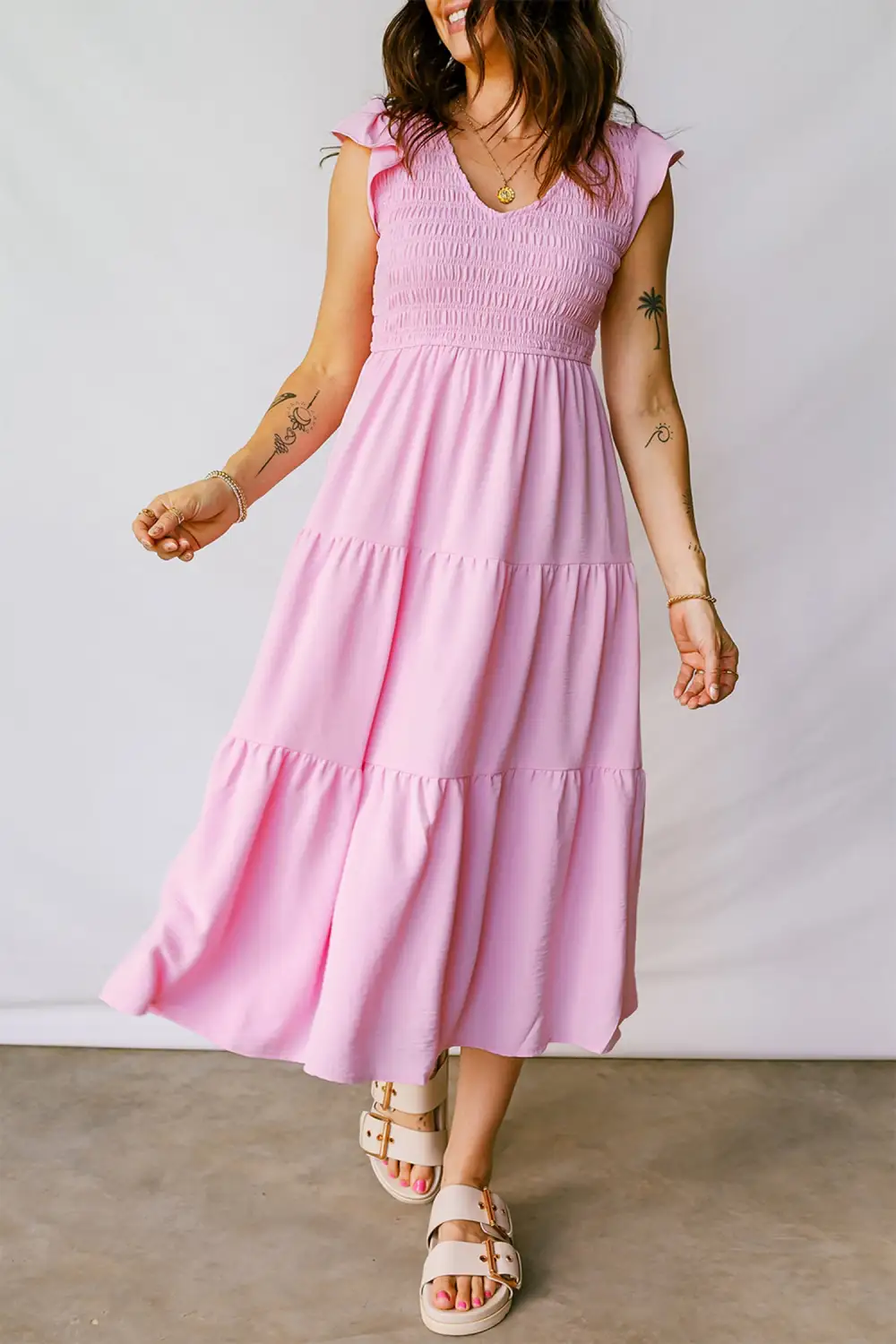 Flutter Sleeve Smocked Tiered Midi Dress