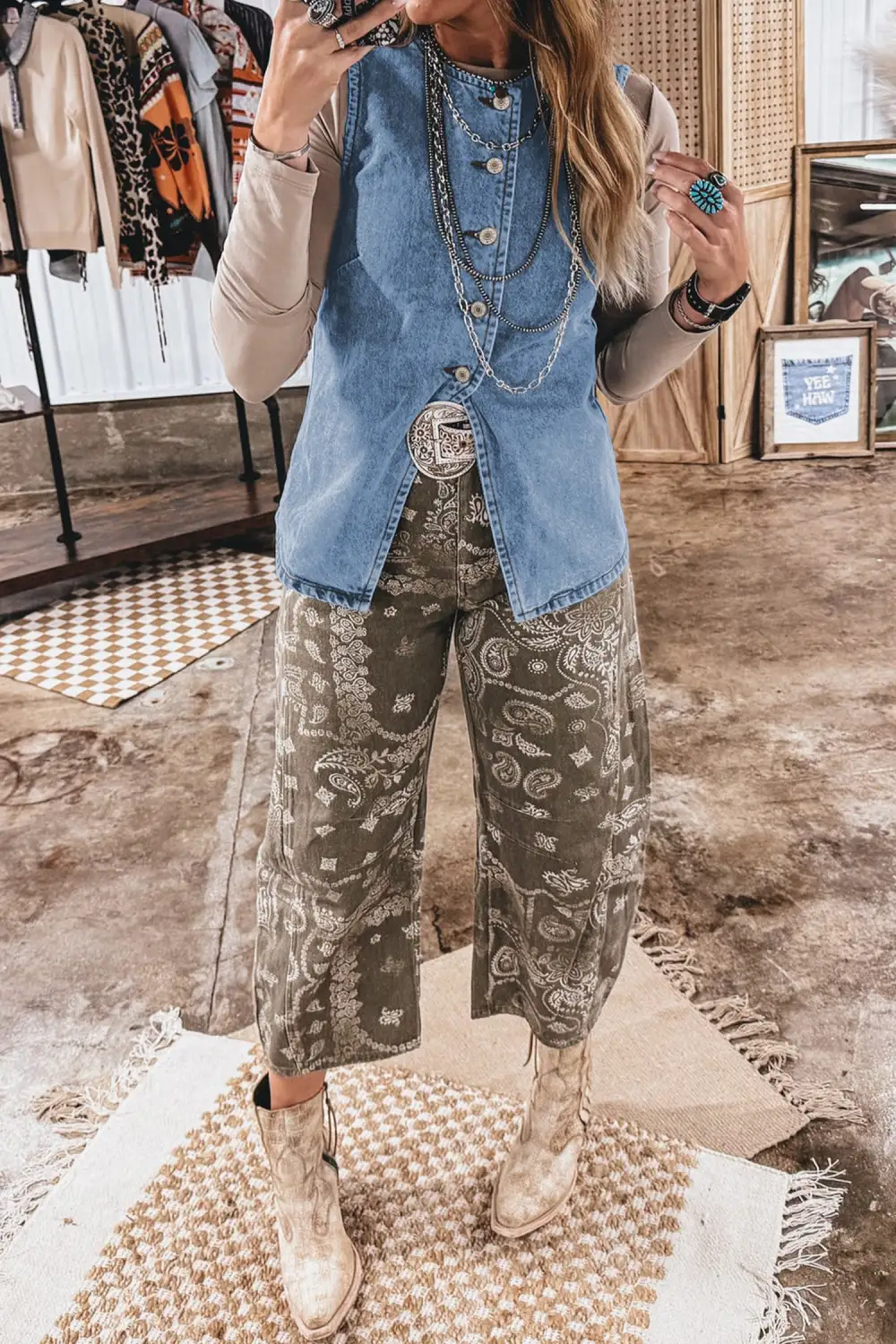 Button Front Slit Denim Vest