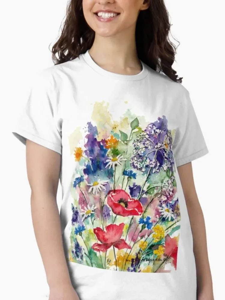 Women's fashionable watercolor print crew neck short-sleeved T-shirt