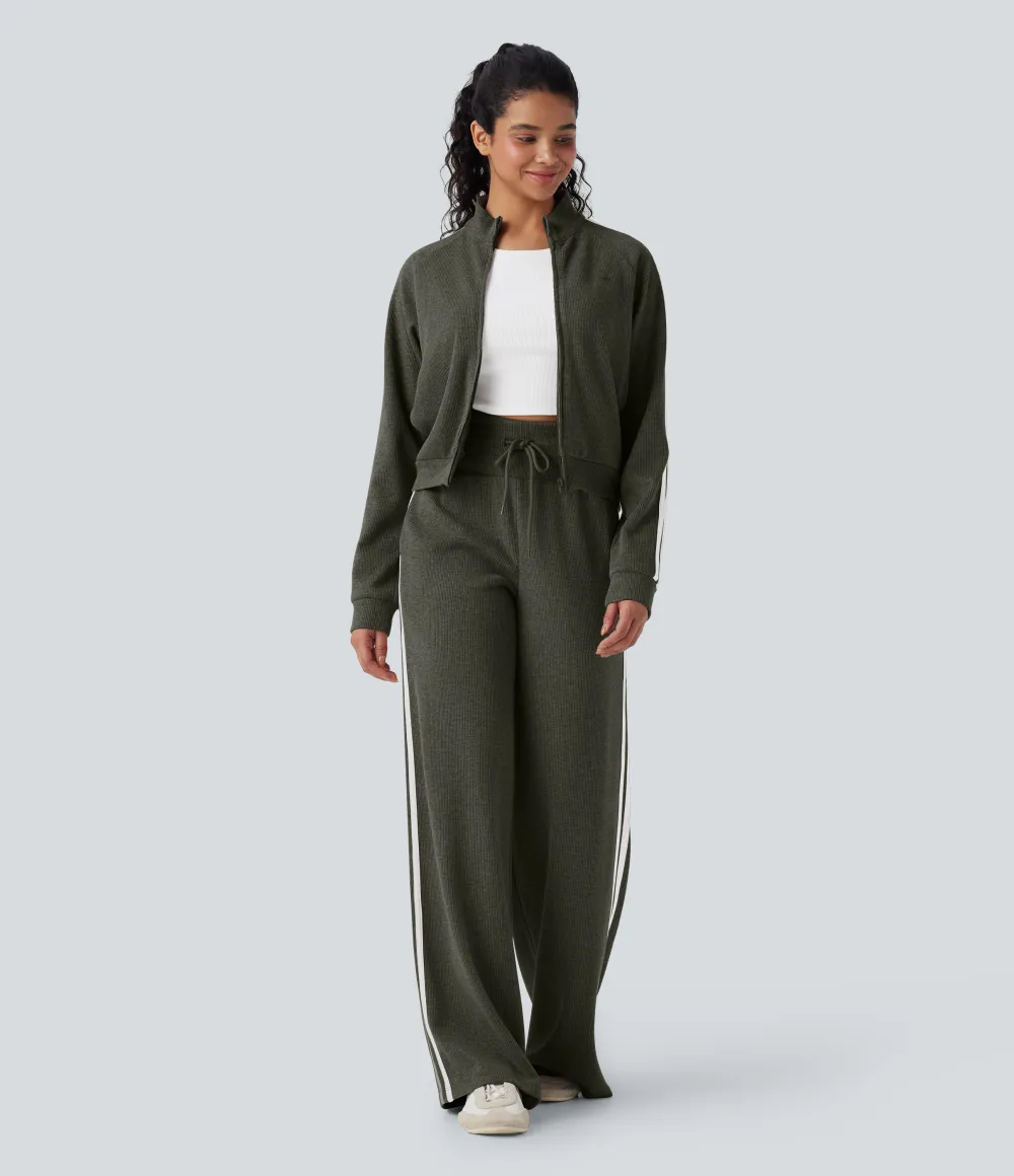 2026🔥  Ribbed SoCinched High Waisted Tummy Control Drawstring Wide Leg Color Block Casual Trousers with Pockets