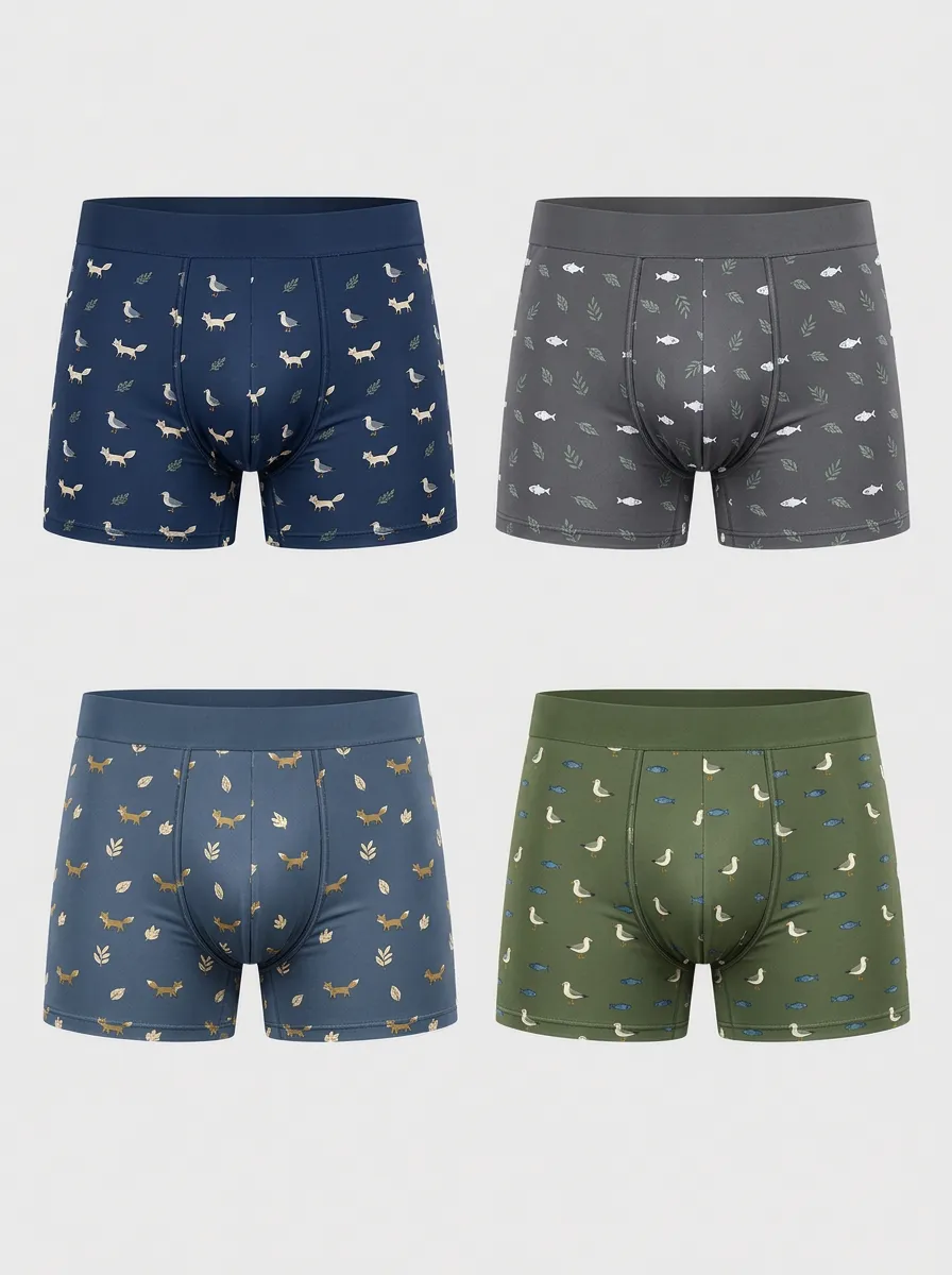 Men's Nature Animal Fox Bird Fish Printed Boxer Briefs 4-Pack