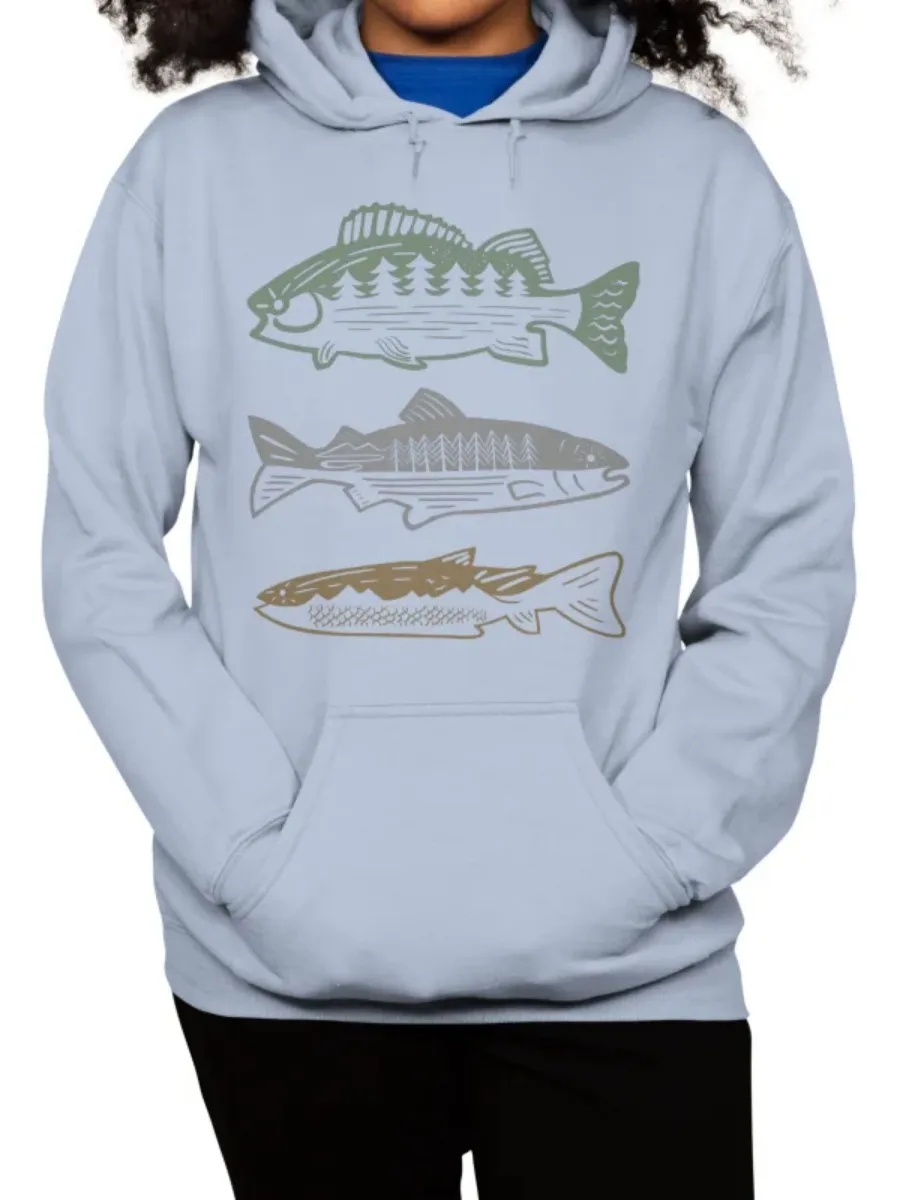 Pocketed Fish Print Hoodie