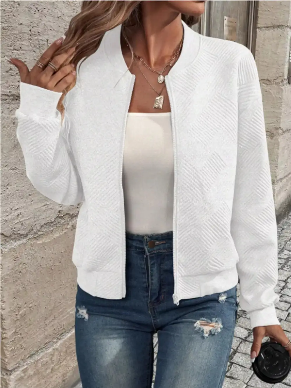 Textured Knit Zip-up Bomber Jacket