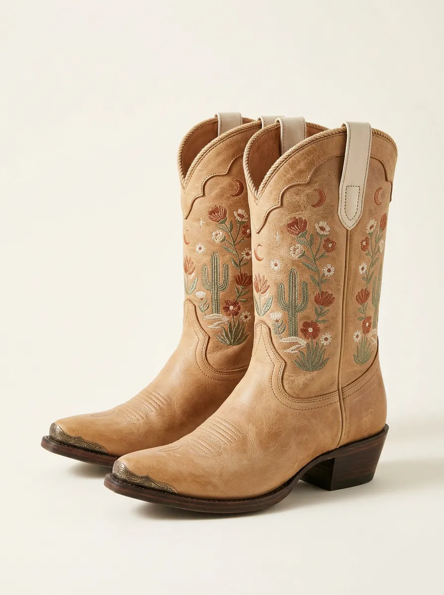 Range Cactus Floral Embroidered Pattern Unisex Western Cowboy Boots