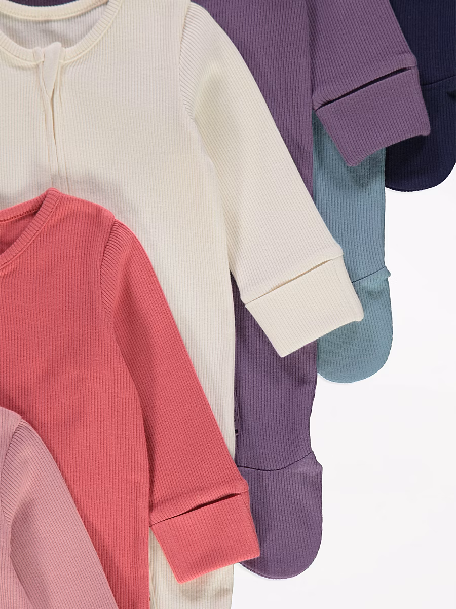Ribbed Long Sleeve 2 Way Zip Sleepsuits 7 Pack detail 2