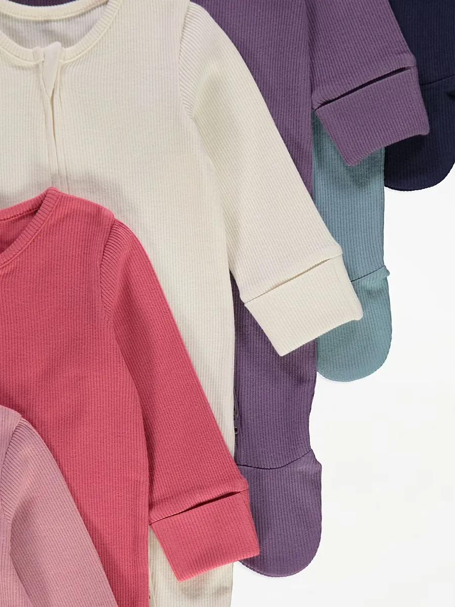 Ribbed Long Sleeve 2 Way Zip Sleepsuits 7 Pack