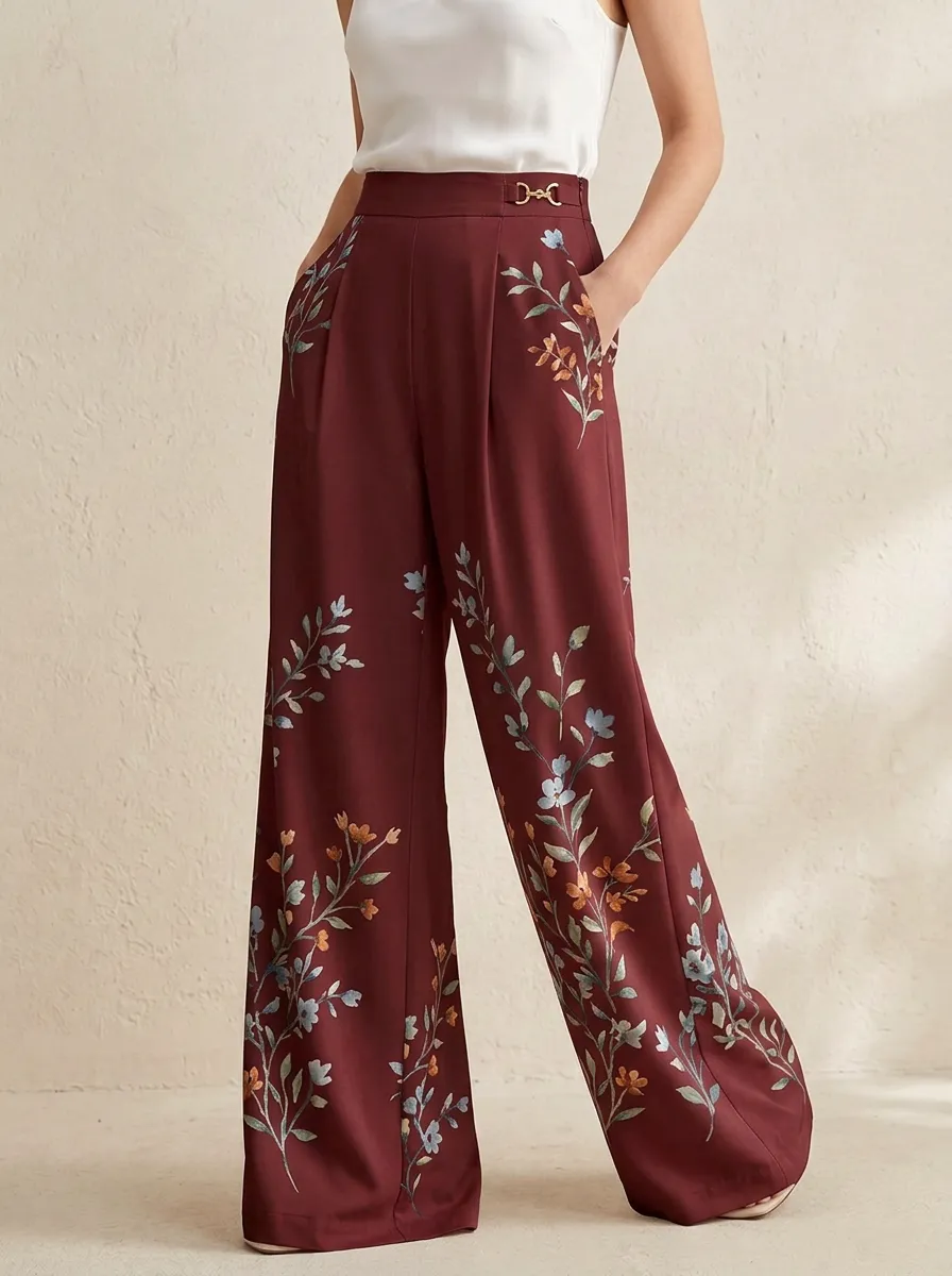 Women's Beige Floral Print Blue High-Waisted Wide-Leg Trousers