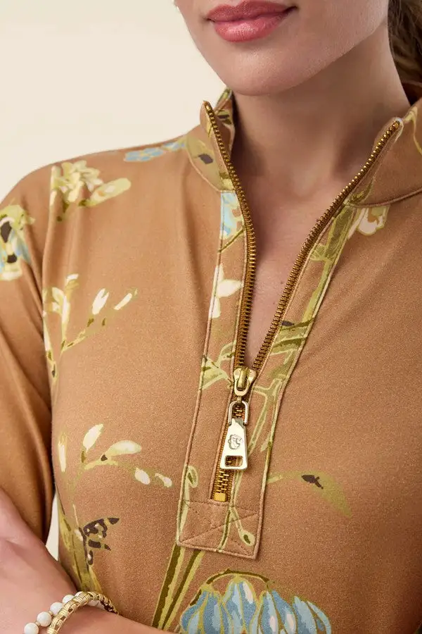 Brown Floral Print Half-Zip Tunic Dress