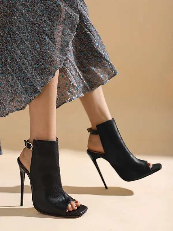 Buckle Peep-Toe Panel Detail Microfiber Heeled Sandals