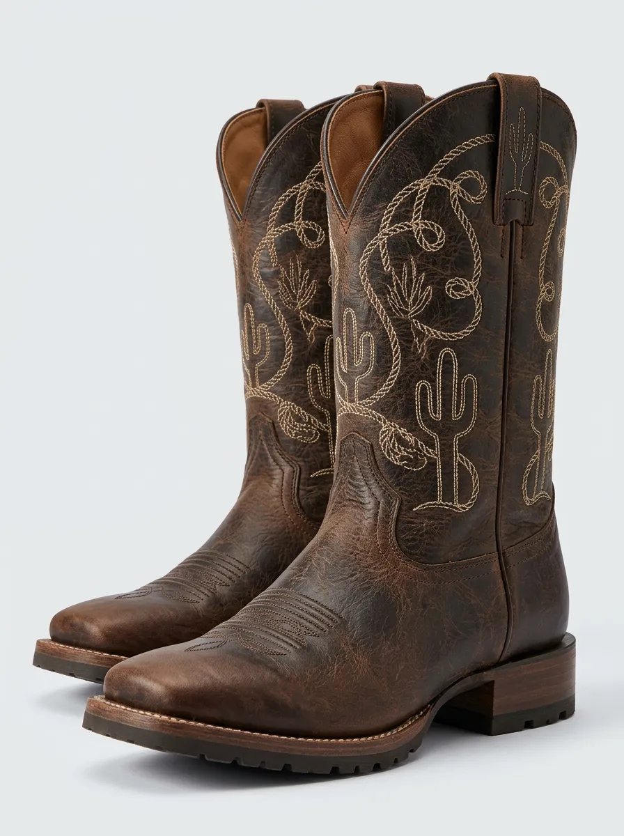 Unisex Western Cowboy Cactus Rope Embroidered Cowboy Boots