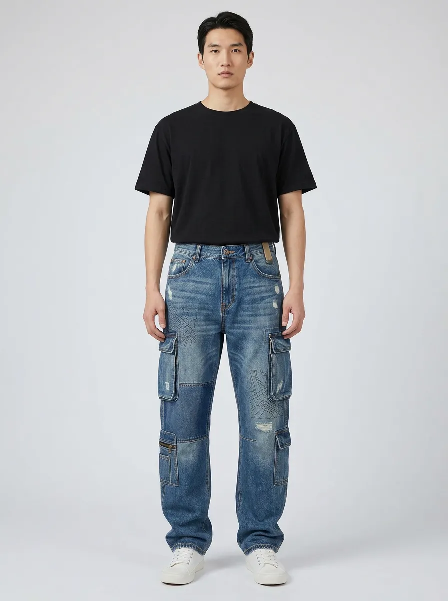 Men's Ridge Streetwear Distressed Patchwork Printed Cargo Jeans