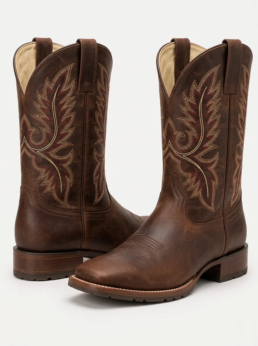 Men's Cowboy Boots with Red Leaf Motif Details