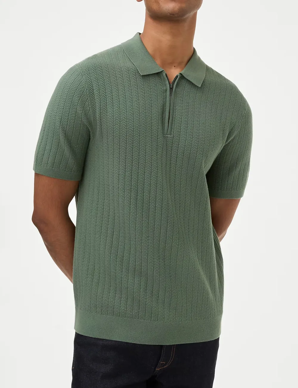 Men's Pink Textured Knit Quarter Zip Polo