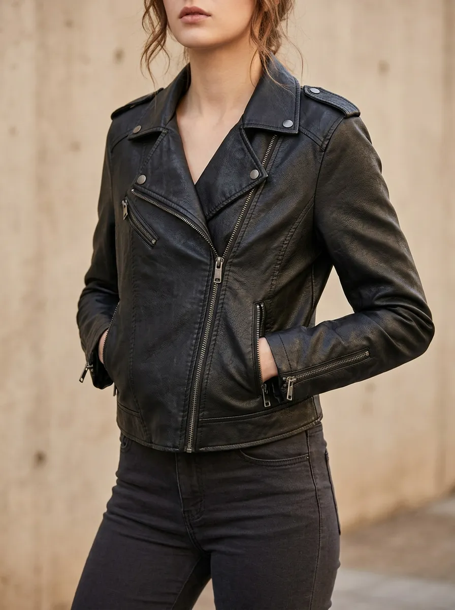 Women's Black Faux Leather Biker Zipper Jacket
