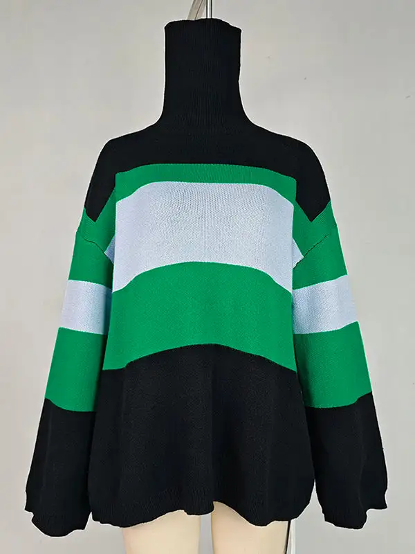 High Low Paneled High Neck Flared Sleeve Pullover Sweater