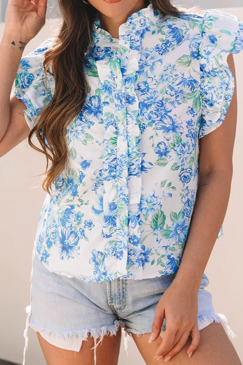 Floral Ruffled Button Front Shirt Blouse