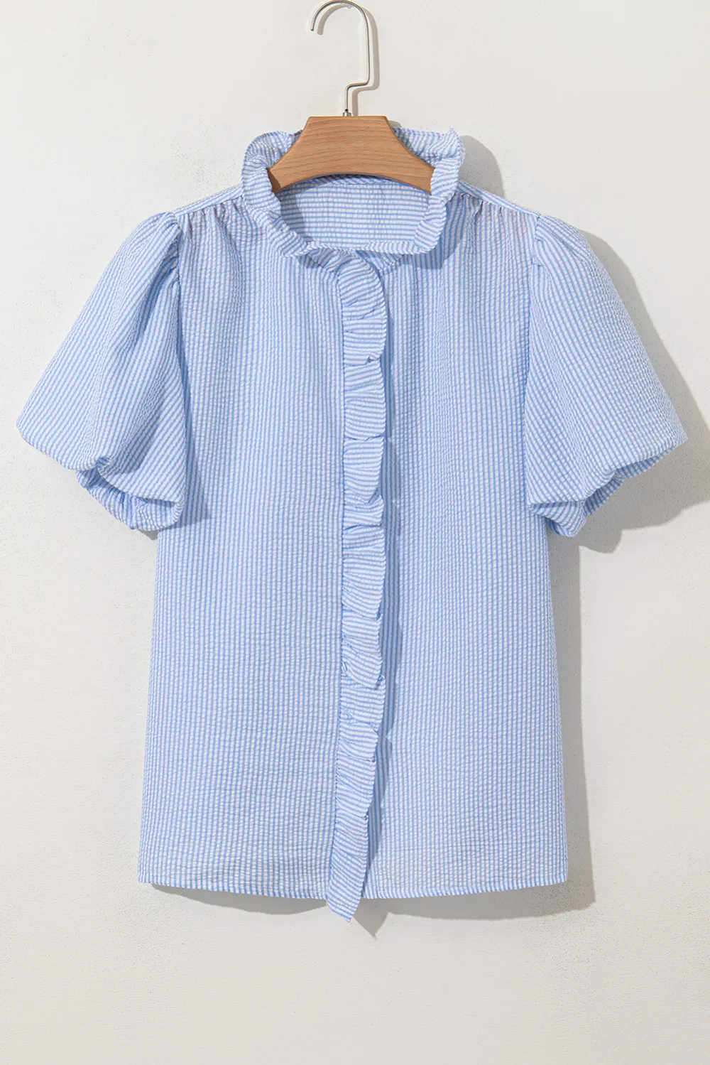 Beau Blue Striped Ruffle Short Sleeve Shirt