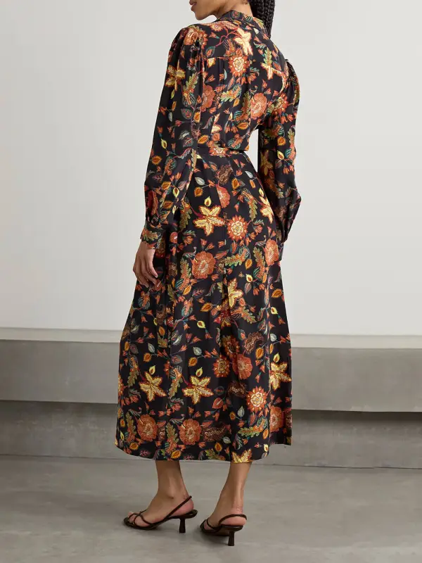 Tie Front Printed Satin Midi Dress