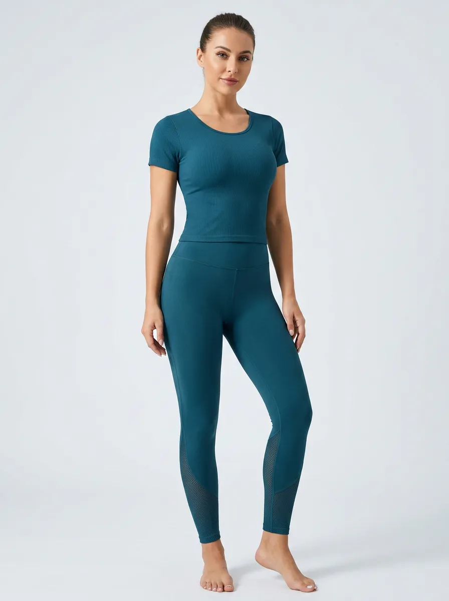 Women's Yoga Fitness Ribbed Mesh Paneled Workout Set