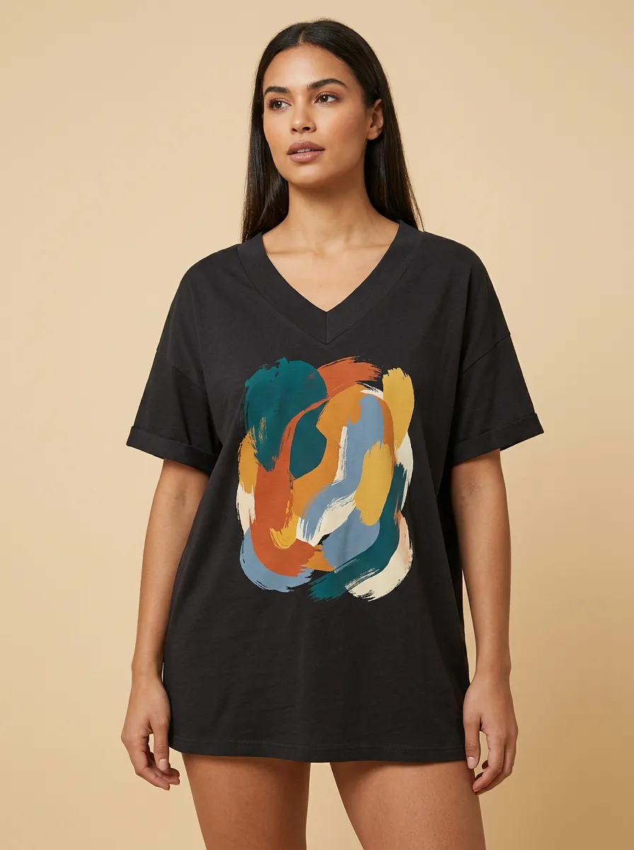 Women's Abstract Art Colorful Brushstroke Printed V-Neck T-Shirt Everyday Design