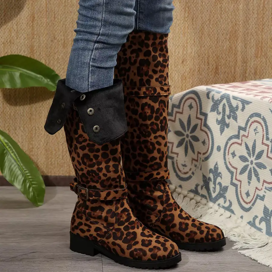 Leopard Block Heels Boots