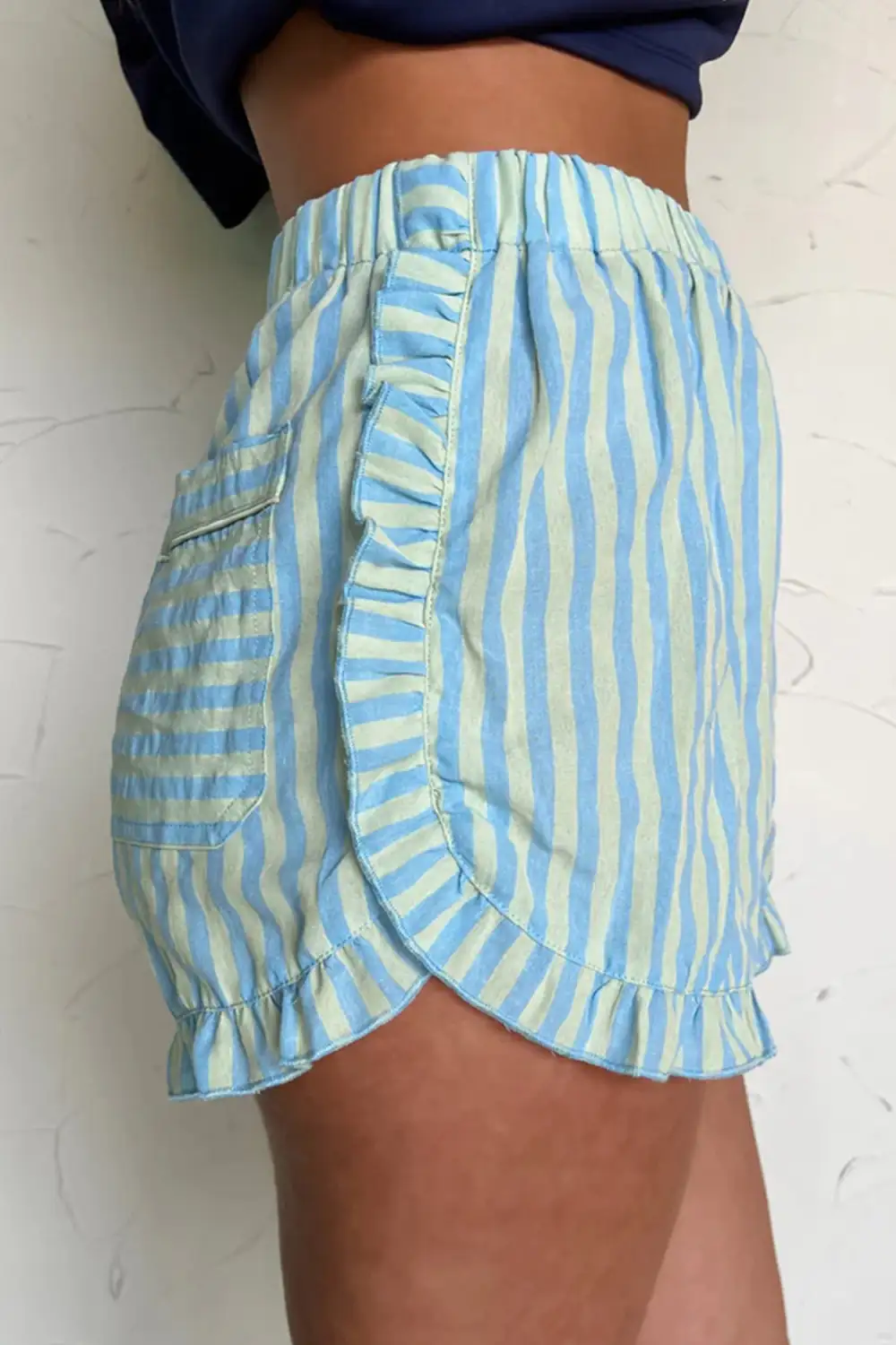 Elastic-Waist Ruffled Striped Casual Shorts