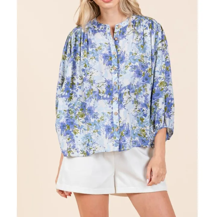 Flower Print Batwing Sleeve Button Down Blouse