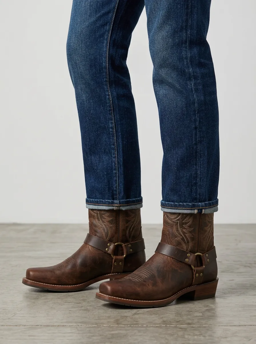 Men's Classic Western Embroidered Harness Brown Leather Boots