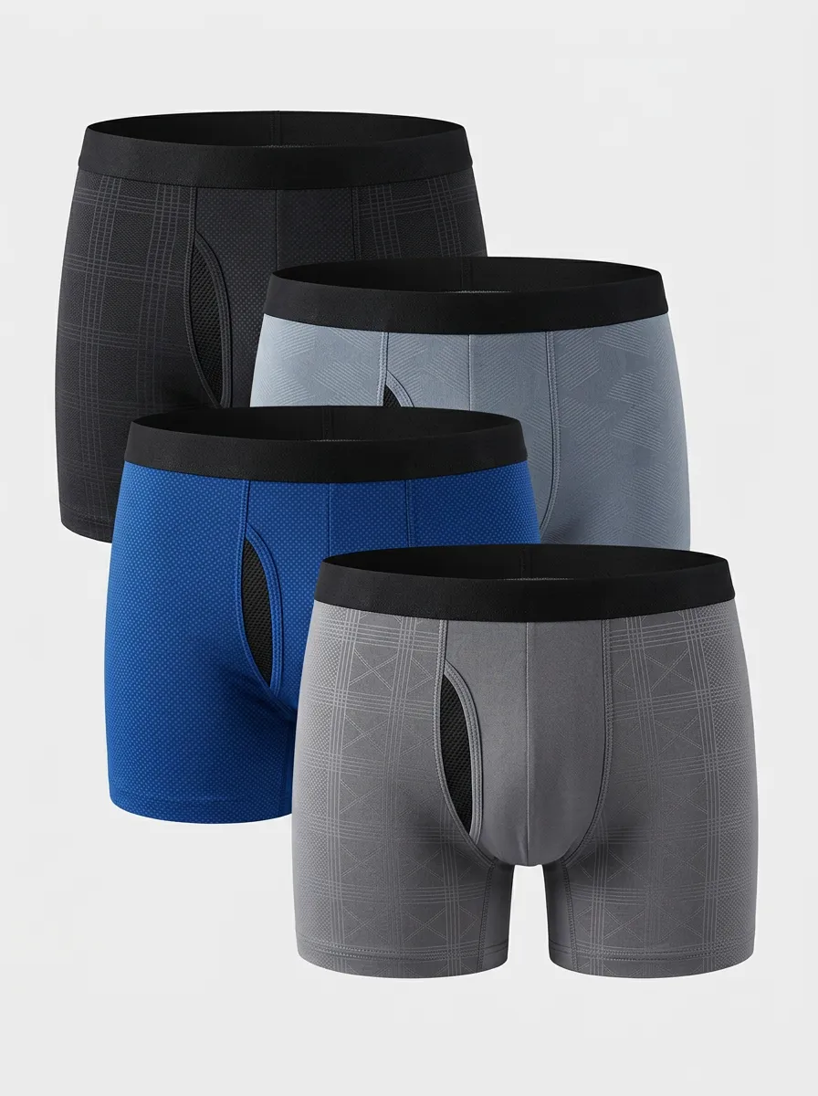 Men's Boxer Briefs Four-Pack with Mesh Breathable-Look Geometric Cotton