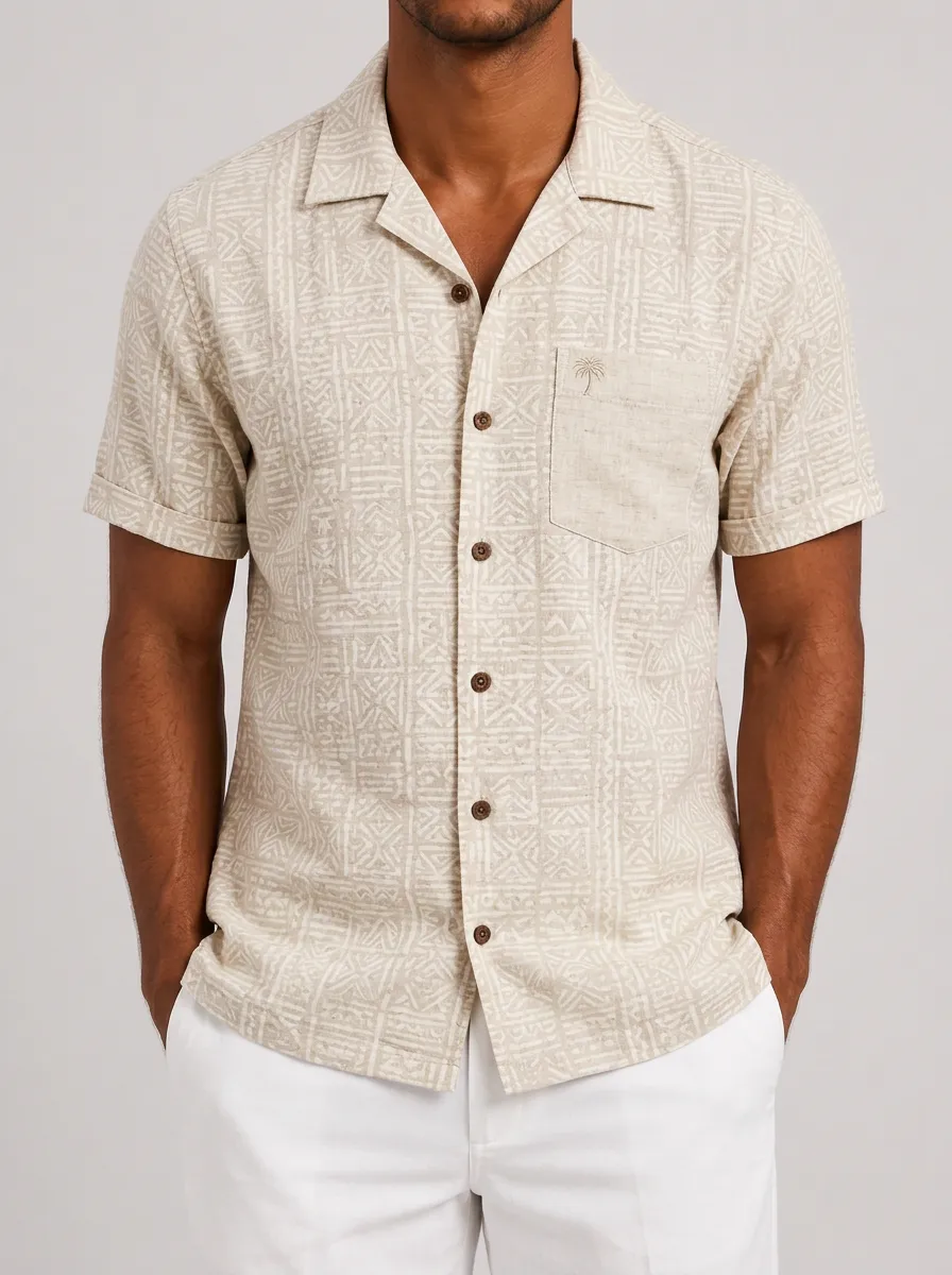 Men's Beach Vacation Geometric Pattern Printed Linen Shirt